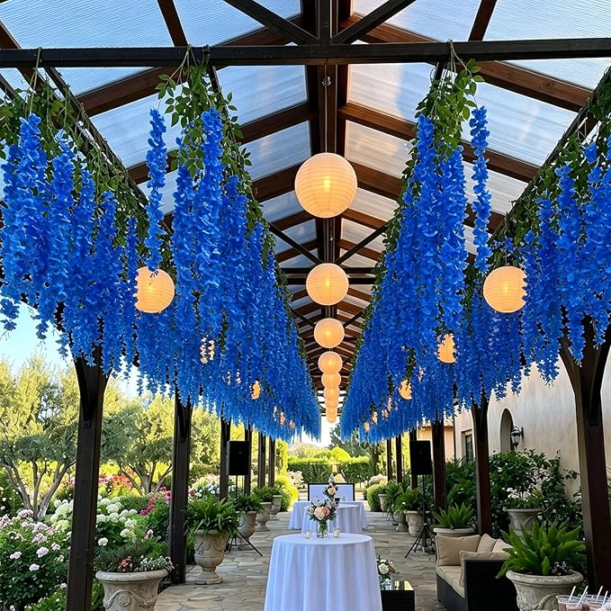 Artificial Wisteria Hanging Flowers Fake Wisteria Flower Garland Silk Vines Rattan Decor for Home Wedding Arch Wall Garden Greenery Bedroom Outdoor Office Party Decoration (24, Royal Blue)