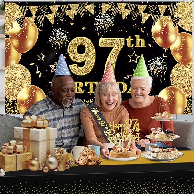97th Birthday Decorations Men Women with 97th Birthday Banner, Black and Gold Table Cloth, Number Balloons, Large Sash, Cake Topper and Candles