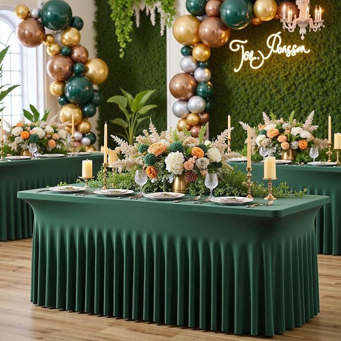 4 pk Hunter Green Spandex Tablecloth for 6 Foot Rectangle Tables, Wrinkle Free Fitted Spandex Table Covers 6ft Green Stretch Table Cloths with Ruffle Skirt for Parties Weddings Banquet Baby Shower