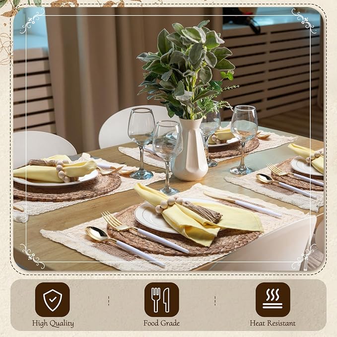 Zhehao 4 Set/12 Pcs Table Decor Set, Farmhouse Table Setting Kit with Woven Round Placemats, Burlap Placemats and Wooden Bead Napkin Rings, Rustic Wedding, Bridal Shower, Party Decorations
