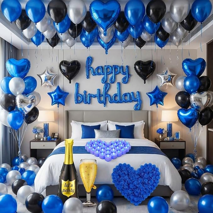 Realspring 175 Pcs Blue Happy Birthday Balloons Decorations Birthday Letters Banner with LED Candle Star Balloons 5000 Rose Petals for Surprise Party Room Decor Men Women