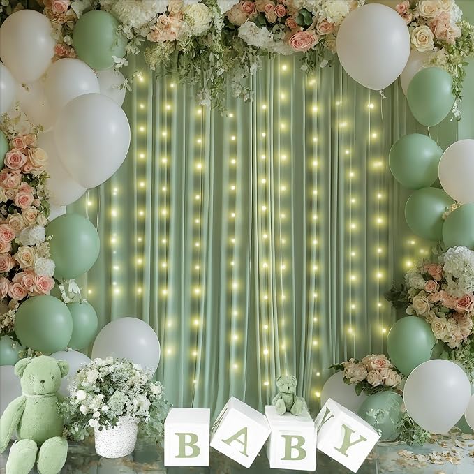 20x10FT Sage Green Backdrop Curtains with Lights for Parties,Wrinkle Free Wedding Photo Backdrop Curtains for Baby Shower Birthday Ceremony Reception Home Party Decorations-5ft x 10ft,4 Panels