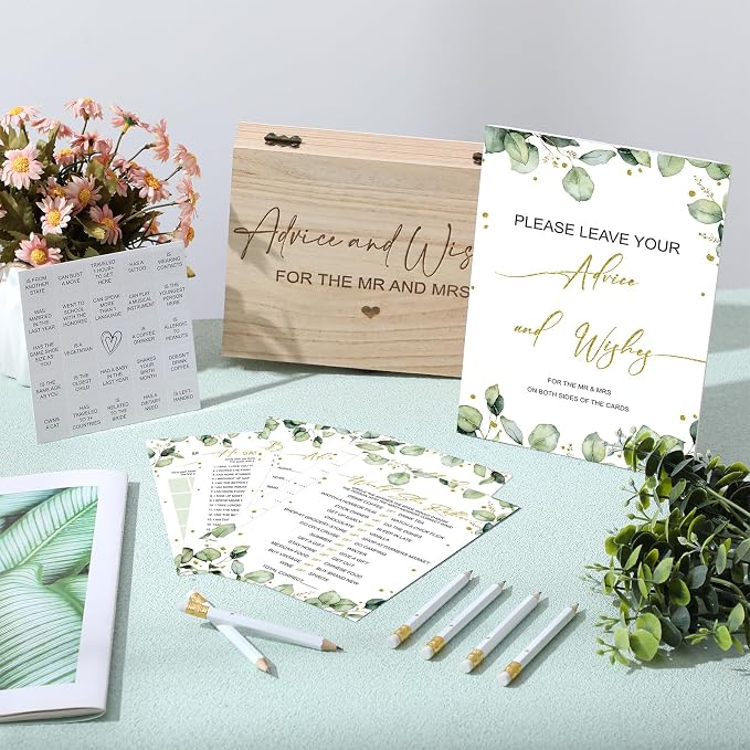 Silipull Bridal Shower Games Set for 50 Guests Includes Bingo, He Said She Said, Scramble, Would She Rather, Advice and Wishes Wedding Games Double Sided with Wooden Box, 20 Pencils (Greenery)