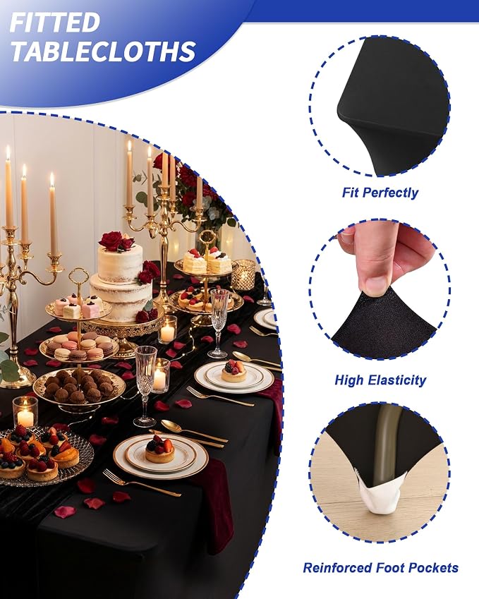 Fixwal Black Stretch Table Cloth Rectangle 8 Pack 6Ft, Spandex Fitted Table Covers Washable for Party, Trade Show, Banquet, Wedding, Buffet