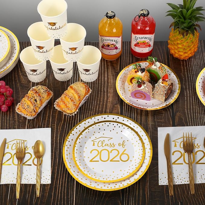 350pcs Class of 2026 Graduation Plates and Napkins Set, Disposable Paper Plate Set Polka Dots Napkins Cups Knife Fork Spoon for Graduation Party Decorations and Supplies,Serve 50 (White Gold)