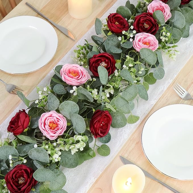 TOCHGREEN 4 Pack Artificial Eucalyptus Flower Garland with Red and Pink Roses, Fake Rose Flower Greenery Garland Floral Vines for Wedding Home Party Table Runner Decor (Red Pink, 4PCS)