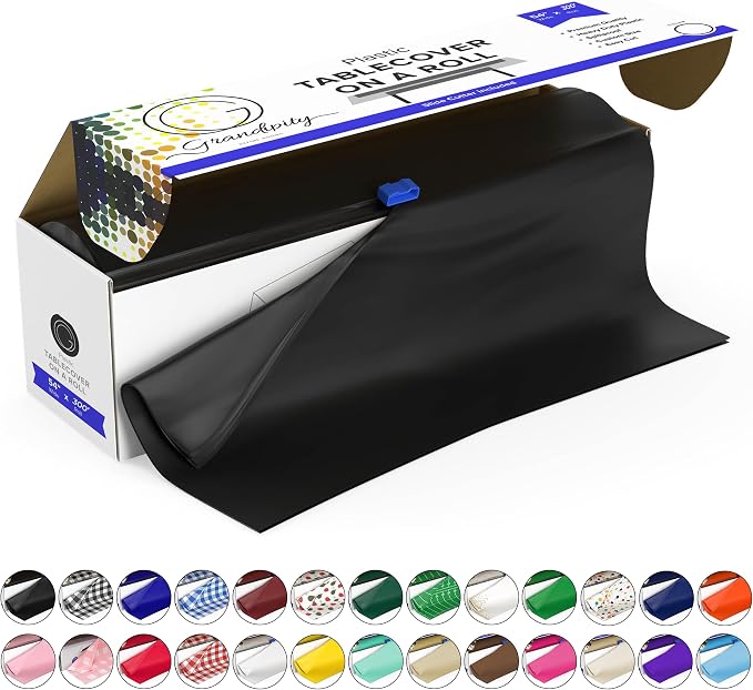 Grandipity Plastic Tablecloth Roll - 54in x 300 Ft. Black Plastic Table Cloths for Parties Disposable with Cutter Box - Cut to Size Disposable Tablecloth Table Cover for Rectangle & Round