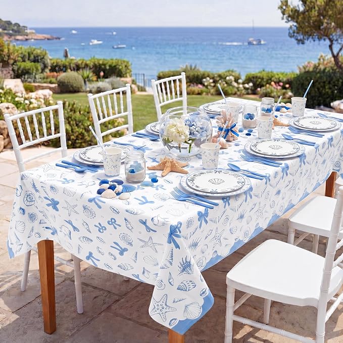 Vesici 452 Pcs Coastal Beach Party Supplies for 50 Guests Blue Bow Seashell 9” 7” Plates Napkins Tablecloth 9oz Cups Disposable Tableware Set for Summer Ocean Theme Birthday Baby Shower Decorations
