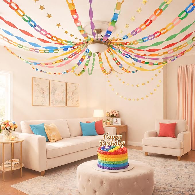 Rainbow Birthday Party Decorations Kit with 492ft Crepe Paper Streamers, 300 Sheets Paper Chain Strips, 78.6ft Gold Star Garland for Hanging Decor