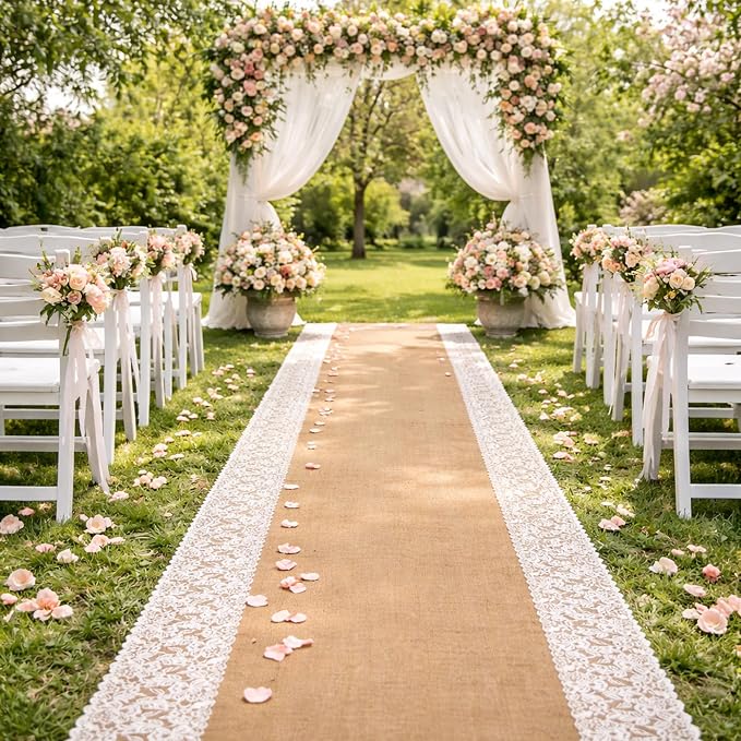 moonoom 15 Ft x 36 in Natural Burlap Wedding Aisle Runner, Rustic Jute Weddings Runway Carpet with Lace, Ceremony Burlap Carpet Roll for Beach Garden Church Reception Craft Decor