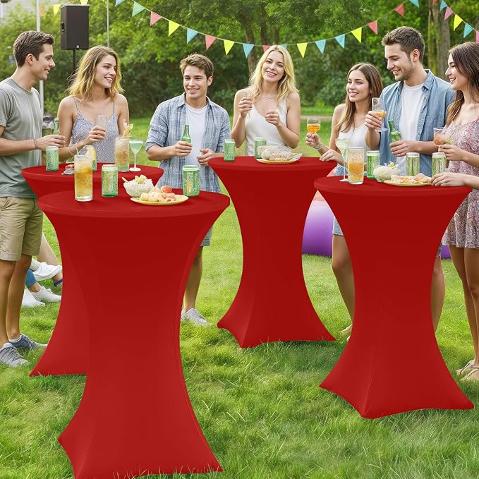 Moosfor Spandex Cocktail Table Covers 4 Pack, Elastic Fitted Stretch Table Cloth, Round High Top Tablecloths for Bar, Party, Pub, Wedding & Banquet (Red, 32x43 Inch)