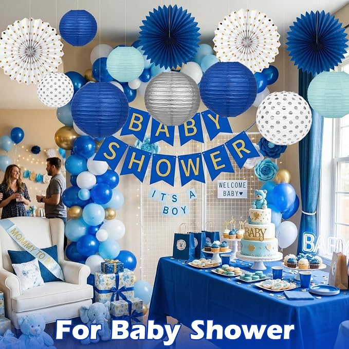 Navy Blue Party Decorations Set with Hanging Paper Lanterns Fans for Graduation Decorations 2026 50th 60th Birthday Wedding Anniversary Baby Shower Retirements