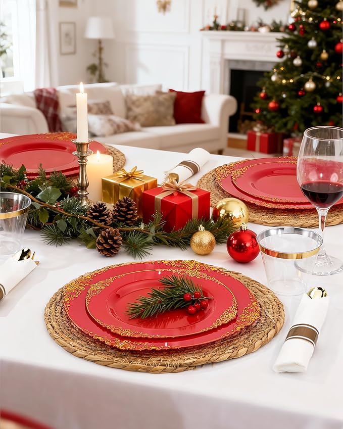 Nervure 100PCS Red and Gold Plastic Plates - 10.25inch Red Disposable Plates - Heavyweight Dinner Plate for Wedding & Party & Mothers Day