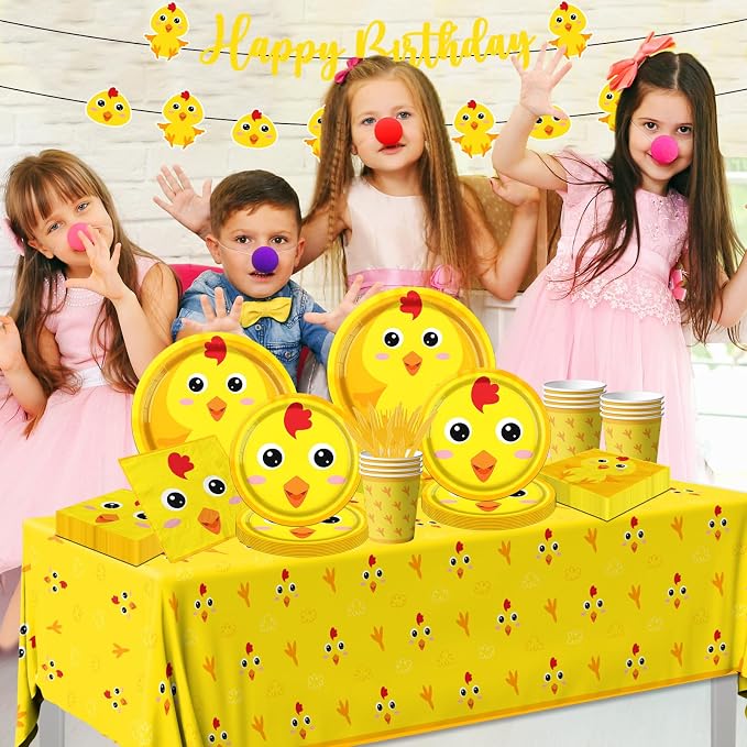 Chicken Farm Tableware Decoration, 142pcs Yellow Chick Theme Birthday Plates and Napkins Supplies
