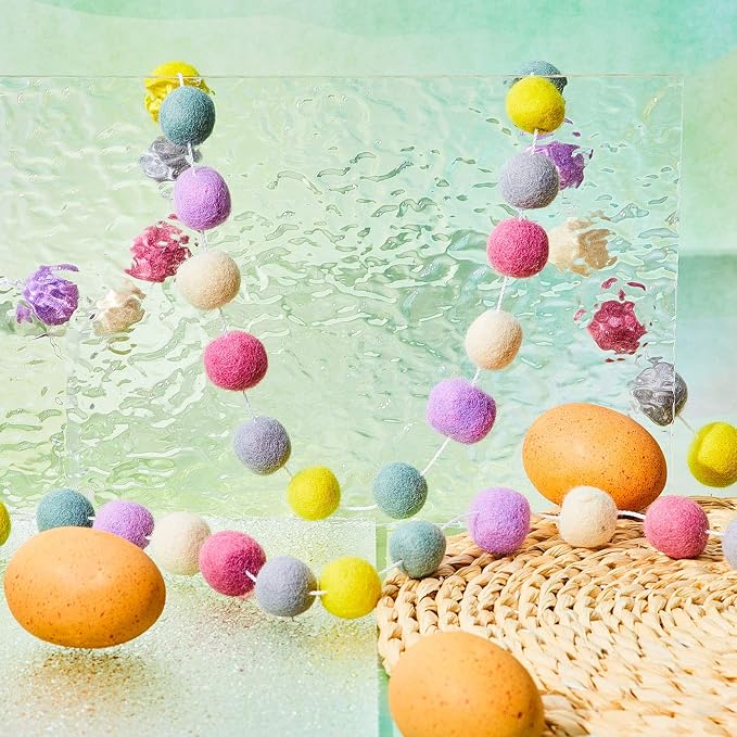 WILLBOND 2 Pieces Wool Felt Rainbow Ball Garland Colorful Pom Pom 6.5 ft Long 24 Ball Garland for Easter Mardi Gras Classroom Halloween Thanksgiving Xmas (Novel Colors)