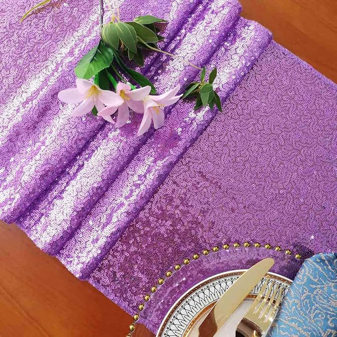 ShinyBeauty 12x108 Inch Lavender Sequin Table Runner 1 Pack - Sparkling Party Decor for Wedding, Birthday, Dining Events, Glittery Table Cover Accessories