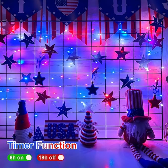 QITONG 2 Pack Fairy Lights Battery Operated, Each 33ft 100LED 4th of July String Lights Outdoor, 8 Modes Silver Wire Twinkle Mini Lights for Patriotic Independence Memorial Decor(Red White and Blue)