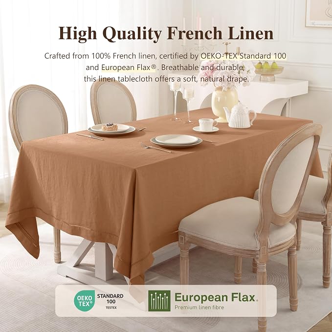Linen World Fall Linen Tablecloth 55" x 55" Inch,French Linen Washable Rectangular Table Cloth for Dining,Outdoor, Weddings and Restaurants,Decorative Thanksgiving Christmas,Beige Hemstitch
