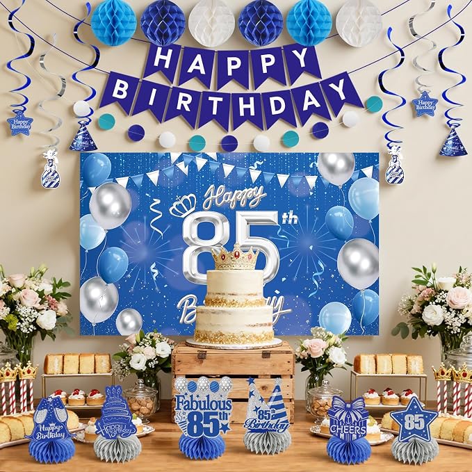 Happy 85th Birthday Party Decoration: Including Birthday Banner Backdrop, Party Table Centerpieces and Hanging Swirl Party Streamers, Birthday Decor for Men and Women (Blue, 85th Birthday)