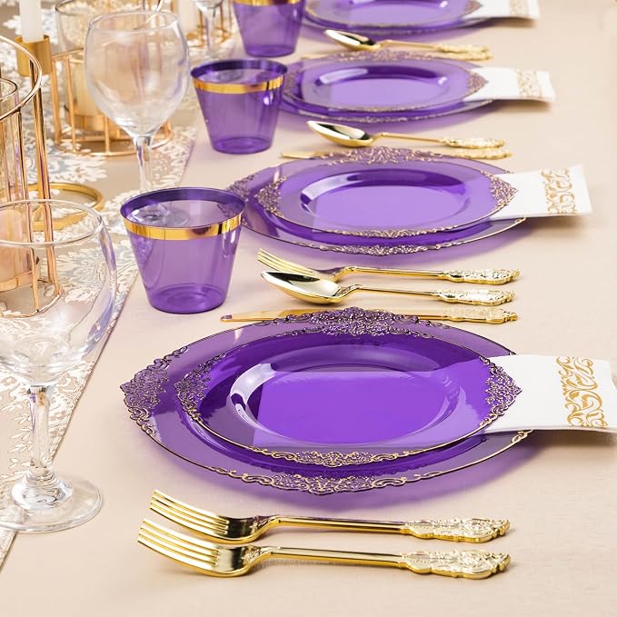 Bestluck 350PCS Clear Purple Plastic Plates for 50 Guests, Disposable Plates with Gold Trim include 50 Dinner Plates, 50 Dessert Plates, 150 Gold Silverware, 50 Cups, 50 Napkins for Party, Wedding