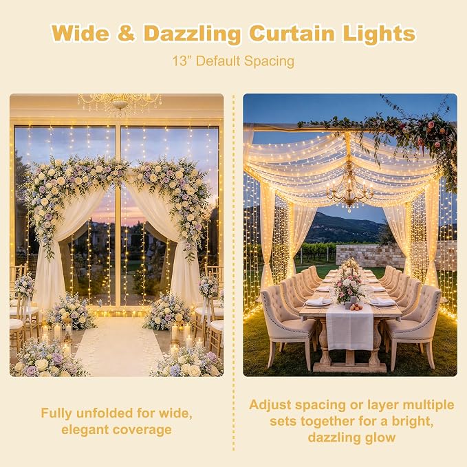 JMEXSUSS 600 LED Curtain Lights Outdoor, 9.5ft x 19.6ft Window Hanging Lights with Remote, Plug in, 8 Modes, Indoor String Lights for Bedroom, Wall, Xmas, Party, Backdrop, Wedding Decor, Warm White
