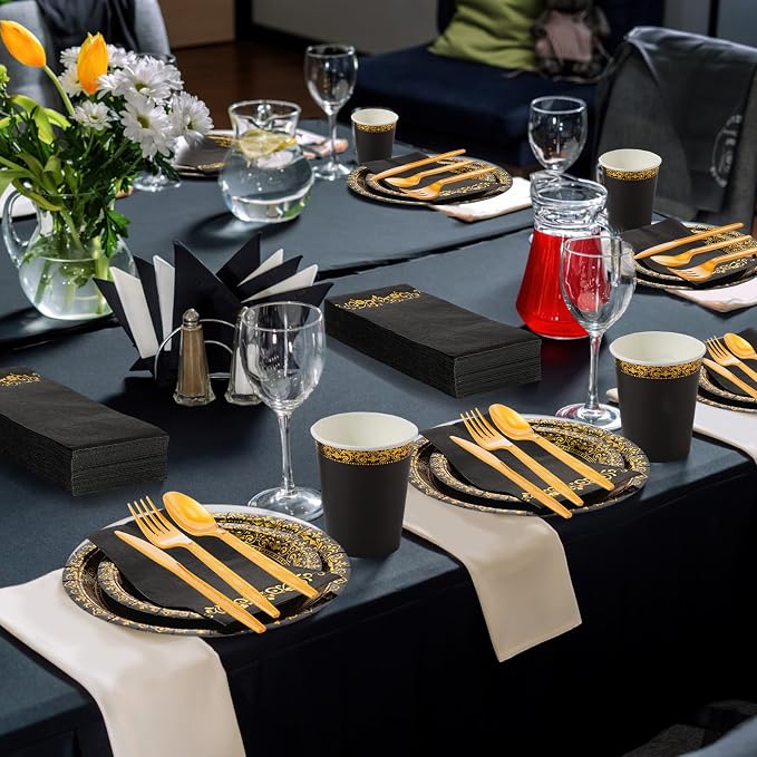 meekoo 350 Pcs Black Party Dinnerware Set Disposable Paper Plates for 50 Guests 9in and 7in Dinner Dessert Plates Napkins Gold Rim Plastic Cups Knives Forks Spoons for Party Wedding(Round Floral)