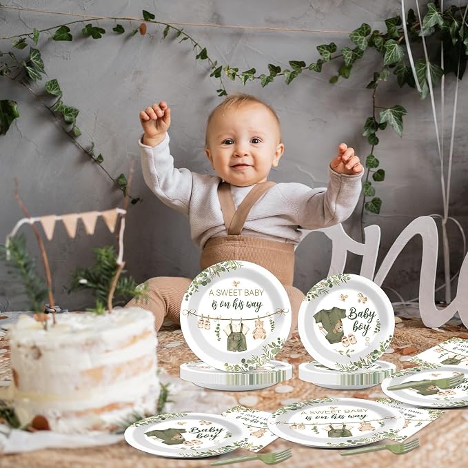 200Pcs Greenery Baby Shower Plates and Napkins Decoration Sage Green Party Tableware Dinnerware Set A Sweet Baby Is On His Way Paper Plates for Baby Gender Reveal Party Supplies Serves 50