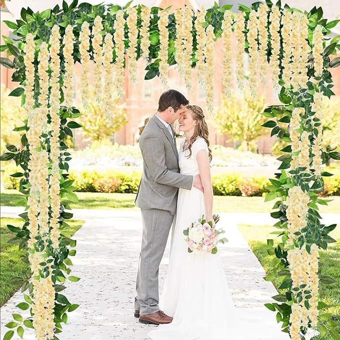 5 Pack Champagne Wisteria Hanging Flowers Garland, 3.77 Feet Artificial Flower Vines, Fake Wisteria, Artificial Vines Hanging Garland for Backdrop Outdoor Yard Garden Decor