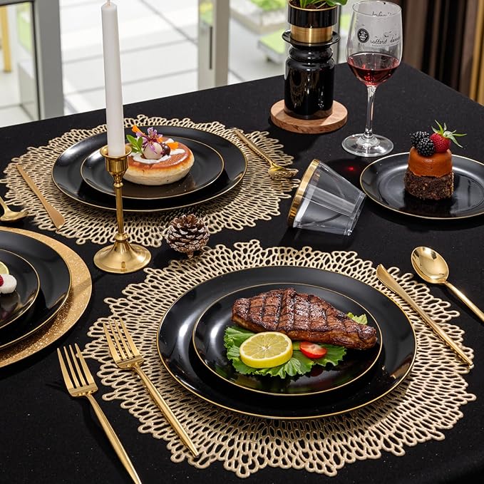 bUCLA 150PCS Black and Gold Plastic Plates - Black Gold Plastic Dinnerware Set Disposable - Include 25 Dinner / 25 Dessert Plates, 25 Knives, 25 Forks, 25 Spoons, 25 Cups, Ideal for Party & Graduation