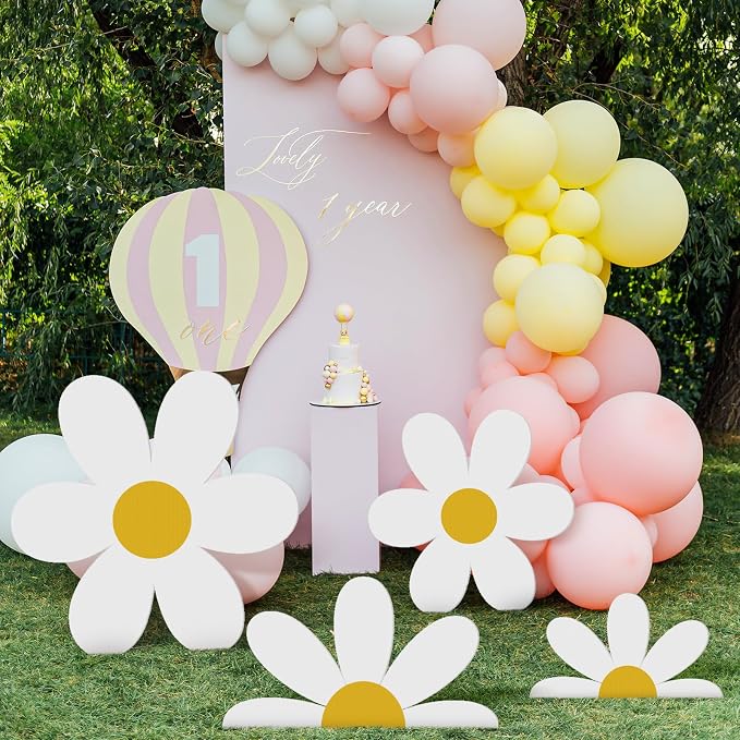 4 Pcs Large Daisy Birthday Party Decorations White Daisy Themed Cardboard Cutout Floral Baby Shower Cartoon Backdrop for Bridal Wedding Wildflower Party Supplies Photo Booth Props Gift Favor