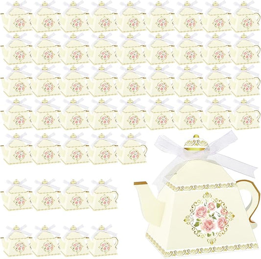 Fuutreo 50 Pcs Spring Tea Party Favor Boxes Tea Party Decorations Vintage Floral Teapot Box Flower Teapot Candy Gift Case for Women Garden Wedding Bridal Shower Birthday(Light Yellow)