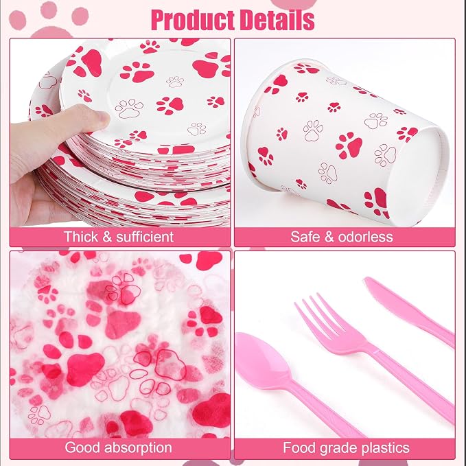 Kochorie 400 Pieces Pink Paw Disposable Party Tableware Sets Dog Puppy Supplies Including Plates Cups Napkins Cutlery Serves 50 for Birthday Puppy Theme Party Decorations