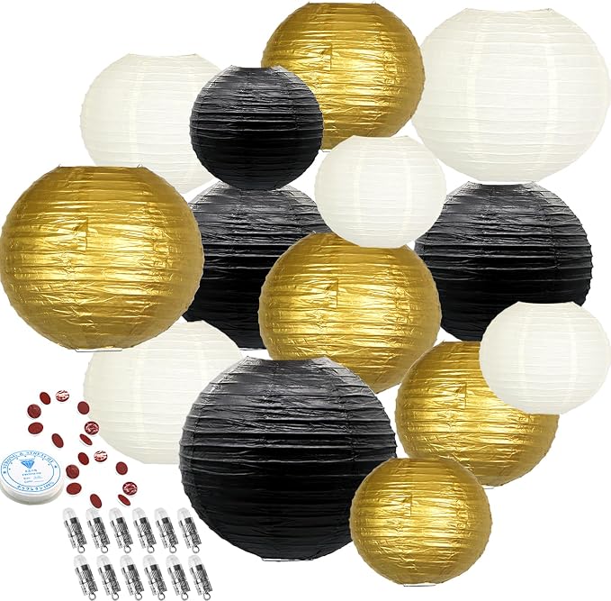 Paper Lanterns Decorative, Black Gold Chinese Paper Lanterns Ceiling Party Decorations with Lights for Graduation Anniversary Engagements New Years Eve Party 2026，14pcs
