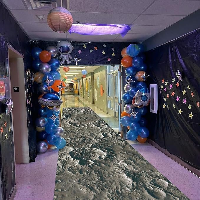 Lyrow 1 Piece Space Themed Party Decorations 2 x 10 ft Moon Aisle Runner Non-Slip Lunar Carpet for Outer Space Birthday Party Decoration Astronaut Galaxy Birthday Supplies Lawn Indoor Outdoor Decor