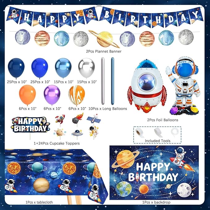 139Pcs Space Themed Party Decorations, All-In-One Outer Space Planet Birthday Banner Backdrop Cake Cupcake Toppers Tablecloth Astronaut Rocket Balloon Garland Kit