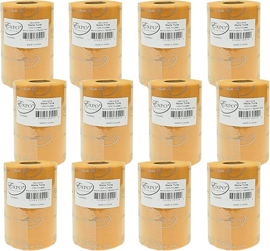 Expo International Decorative Matte Tulle, Roll/Spool of 6” X 100 Yards, Lightweight Polyester Tulle Fabric for Tutus, Costumes, and Party Decorations, Washable, Easy-to-Use, Pack of 12, Gold