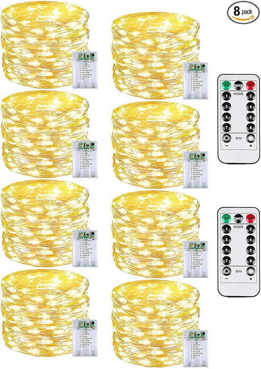 8 Pack 60 LED Fairy Lights Battery Operated with Remote, 8 Modes String Lights Indoor Outdoor, Cuttable Battery Light for Home Bedroom Wedding DIY Centerpiece Christmas Decorations (Warm White)
