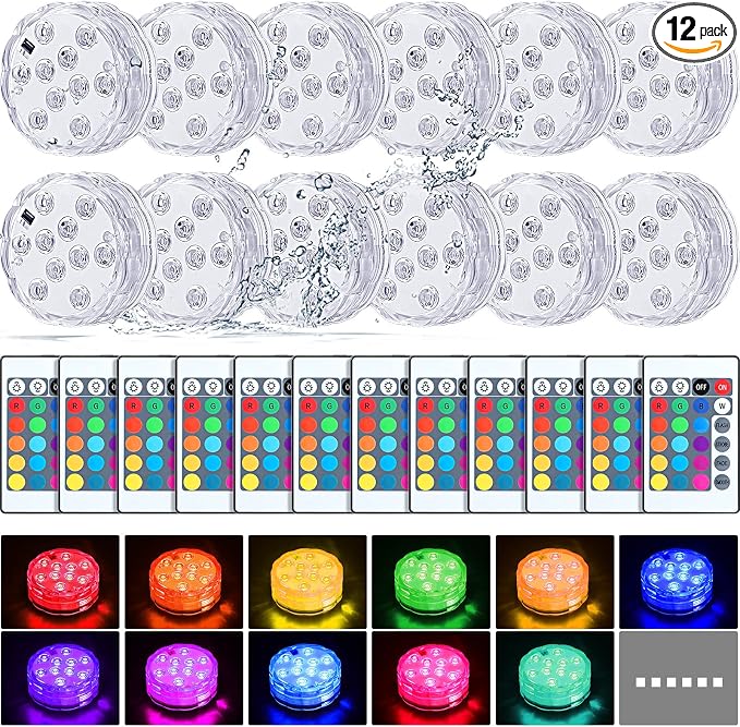 Mudder 12 Pack Submersible LED Lights with Remote 2.8" Hot Tub Lights Waterproof Pool Underwater LED Light Battery Operated Bathtub Lamp 16 Color Changing Lamp for Pool Pond Vase Aquarium Decoration