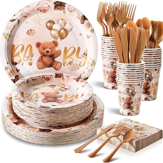 FillTouch 350 Pcs We Can Bearly Wait Bear Plates Baby Shower Party Supplies Set Disposable Paper Plates Napkins Cups Knives Forks Spoons for 50 Guests Baby Shower Party Birthday