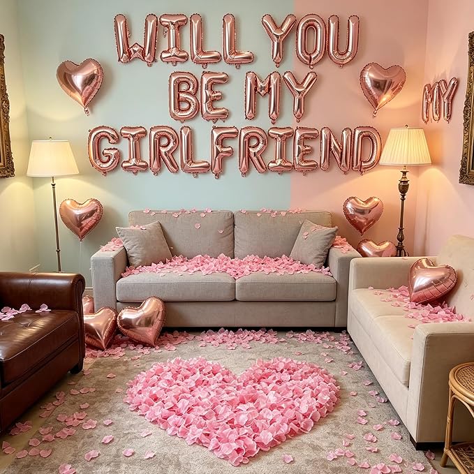 2 Set Rose Gold Will You Be My Girlfriend Balloons - 42pcs 16" Letter Balloons 1200pcs Pink Artificial Rose Petals 10pcs 18" Heart Balloon Alphabet Foil Mylar Balloon for Valentines Day Decorations