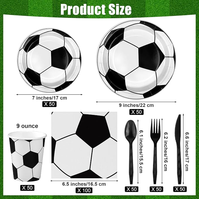Kochorie 400 Pieces Soccer Disposable Party Tableware Sets Including Plates Cups Napkins Cutlery Serves 50 for Soccer Games Sports Birthday Party Decorations