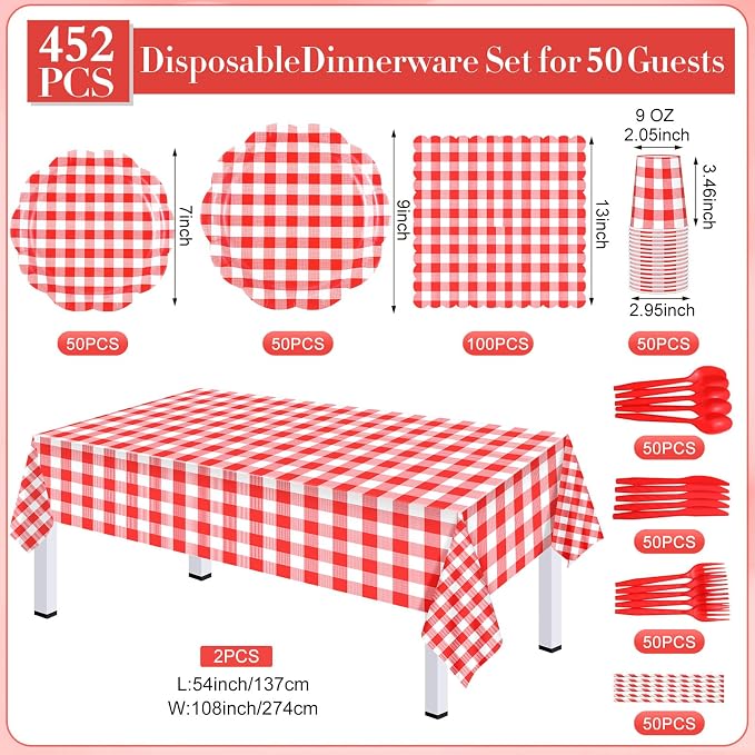 Funnymoom 452 Pcs Red Gingham Party Supplies for 50, Red and White Gingham Checkered Paper Plates Napkins Cups Tablecloth Cutlery Straws for Birthday Family Picnic Camping Barbecue Party Decoration