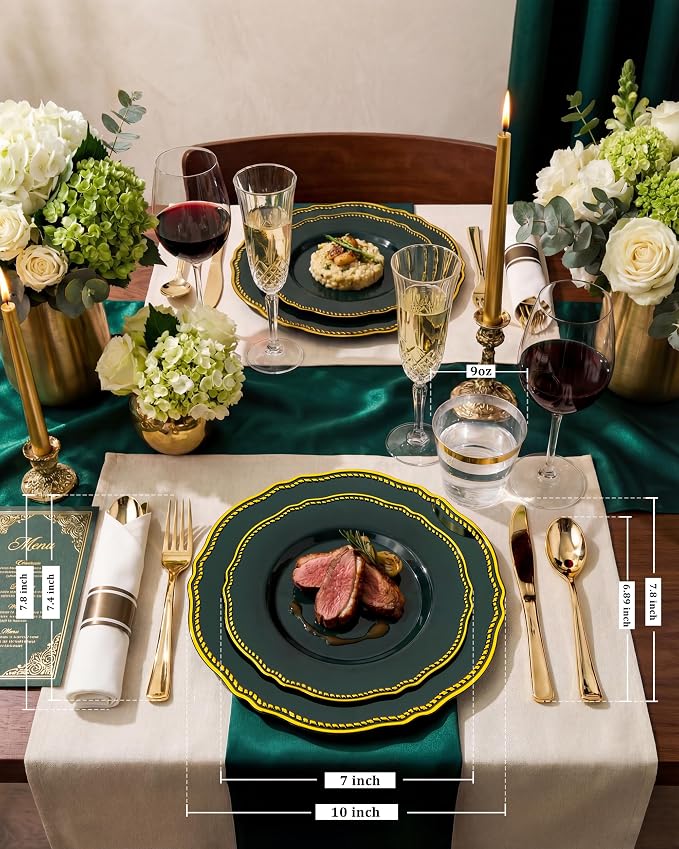 Hioasis 175pcs Green Gold Plastic Plates - Gold Plastic Dinnerware Set Includes 25 Dinner Plates, 25 Dessert Plates, 25 Gold Utensils, 25 Napkins Perfect for Wedding