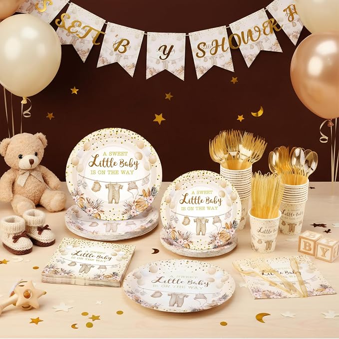 168 Pcs Neutral Gold Baby Shower Decorations Boho Gender Reveal Party Favors a Sweet Little Is on The Way Plates and Napkins Disposable Tableware Set Serve 24