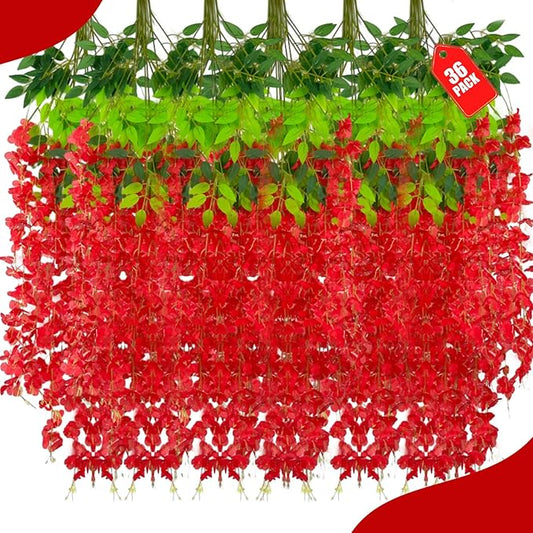 36 Pack Red Wisteria Hanging Flowers, 3.44 Ft Fake Hanging Flowers, Artificial Wisteria Garland Vines for Wedding Room Backdrop Outdoor Patio Garden Valentine's Decoration