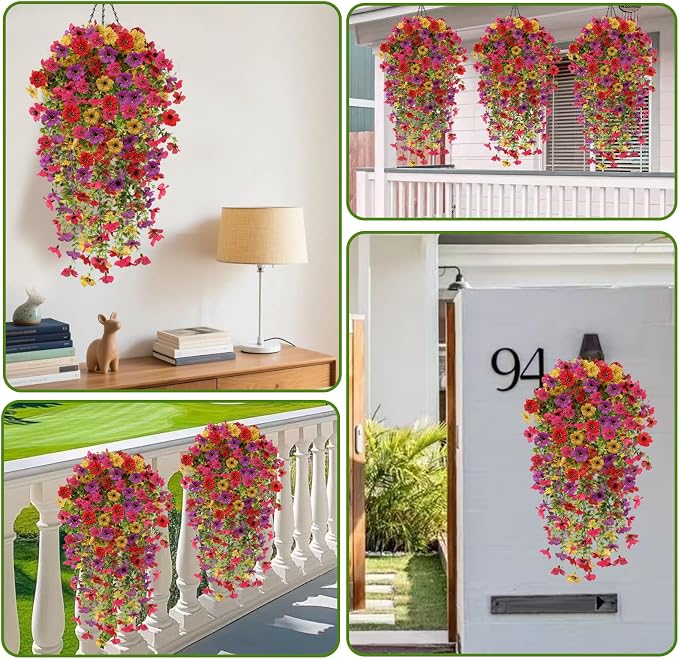 4PCS Artificial Hanging Flowers for Outdoors Summer Decoration, Upgrade UV Resistant Faux Silk Hanging Plants for Outside Home Planter Porch Patio Decor (Multicolour)