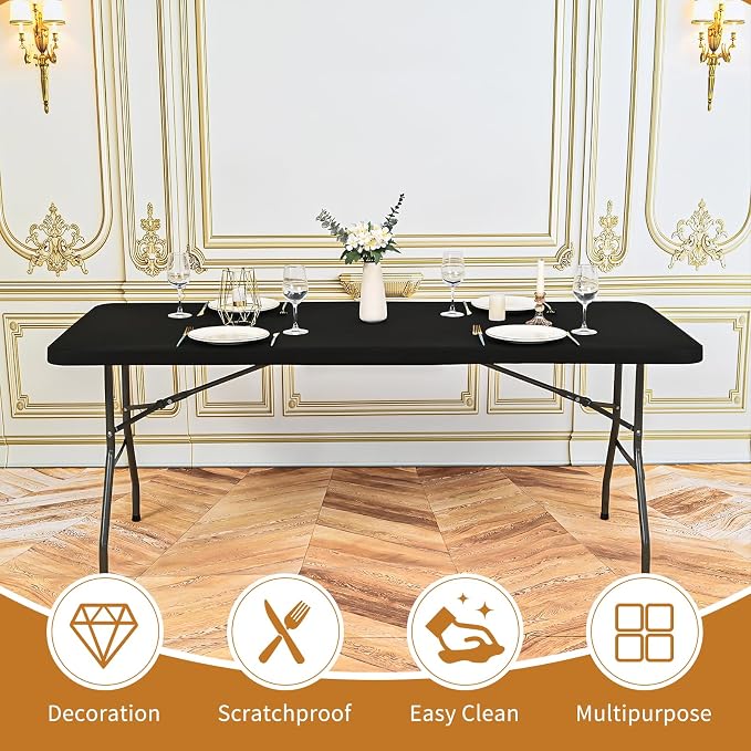 12 Pack Stretch Fabric Table Top Cap Cover, fits 6FT Tables, Black Spandex Table Covers Elastic Universal Rectangle Tablecloth Protector for Indoor Outdoor Party Picnic (Black, 30" W x 72" L)