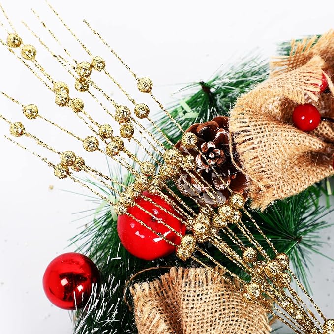 Geosar 30 Pcs Artificial Glitter Berry Stem Decorations 17 Inch Faux Stick Floral Pick Centerpiece Bouquet Flower Bead Twigs for Centerpiece Tree Wreath Ornaments Home(Gold)