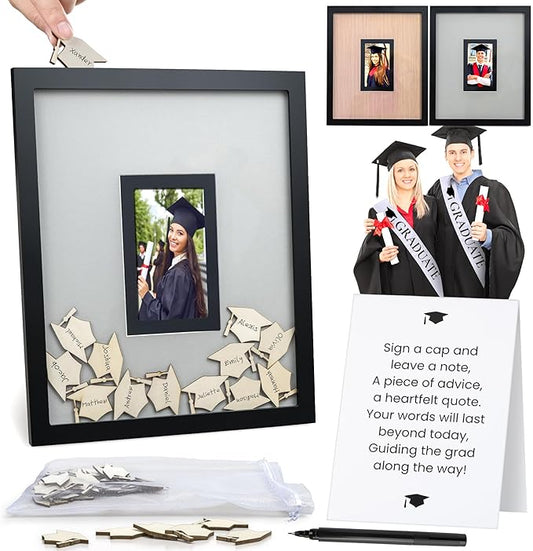 Graduation Guest Book 2026 – Wooden Cap Drop Frame Guestbook for Graduation Party with Wooden Grad Caps, Photo Slot & Pen, Grad Guest Book, Graduation Sign in Book, Graduation Book to Sign, Grad Party
