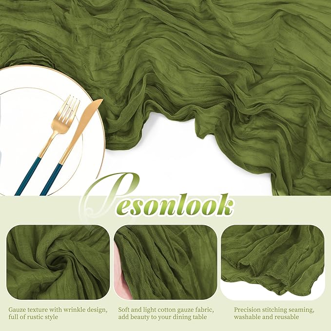 24 Pack Olive Green Cheesecloth Table Runner, 10FT Cheesecloth Rustic Boho Table Runner Long Romantic Semi Sheer Table Runner for Wedding Baby Shower Birthday Bridal Party Decorations(21.5×120 Inch)